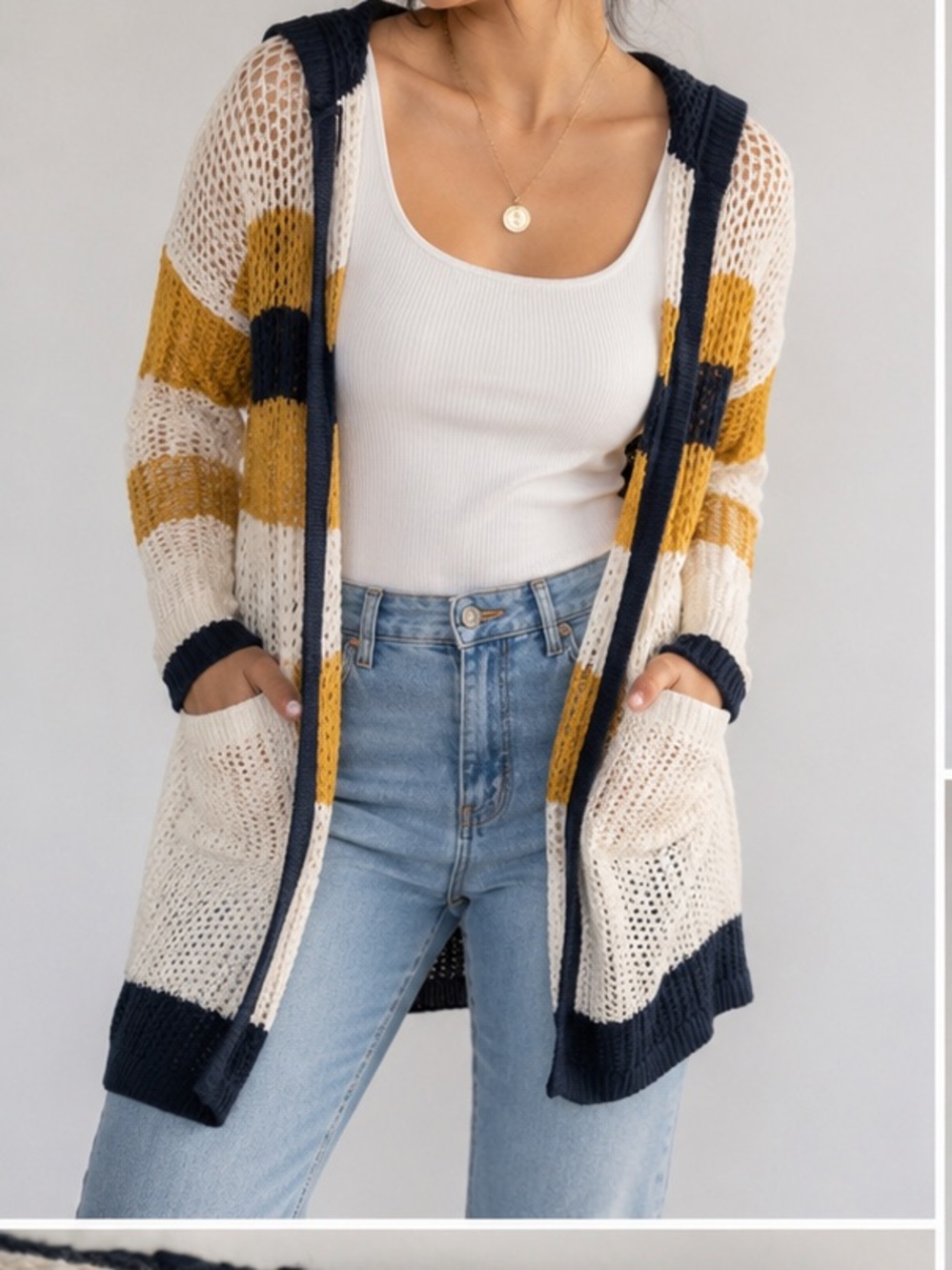 Doe & Rae Open Knit Hooded Cardigan Mustard Navy Cream Striped Large